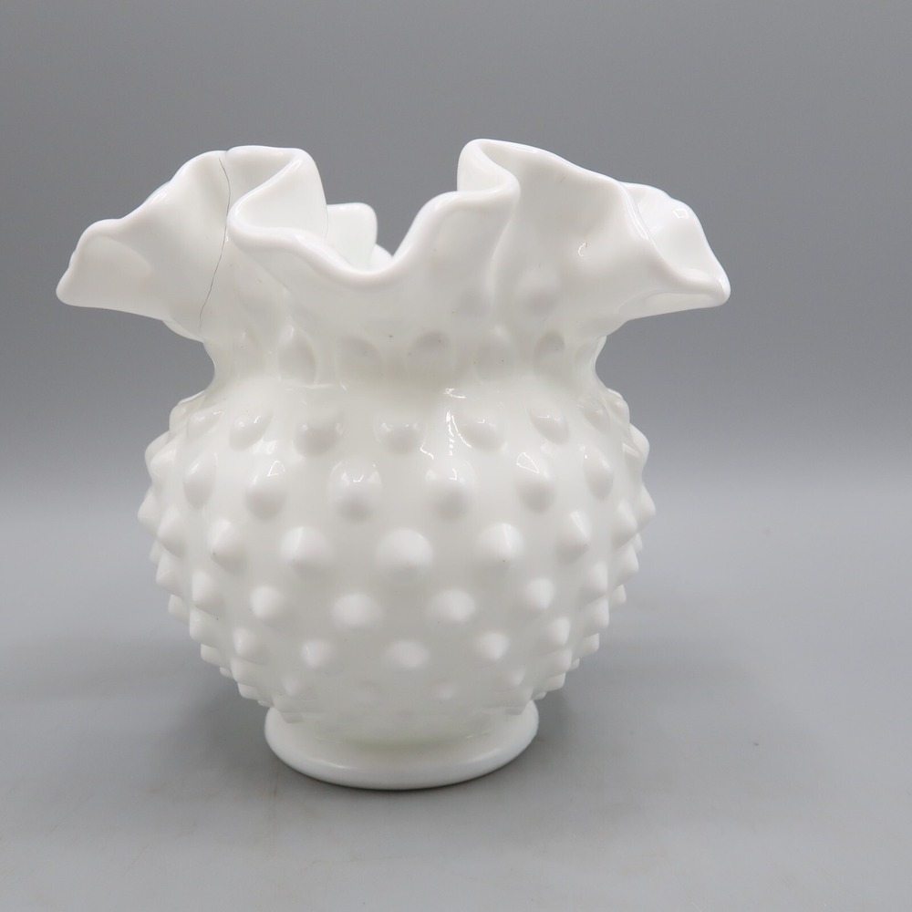 Fenton White Hobnail Ruffled Edge Milk Glass Rose Bowl Vase 4"